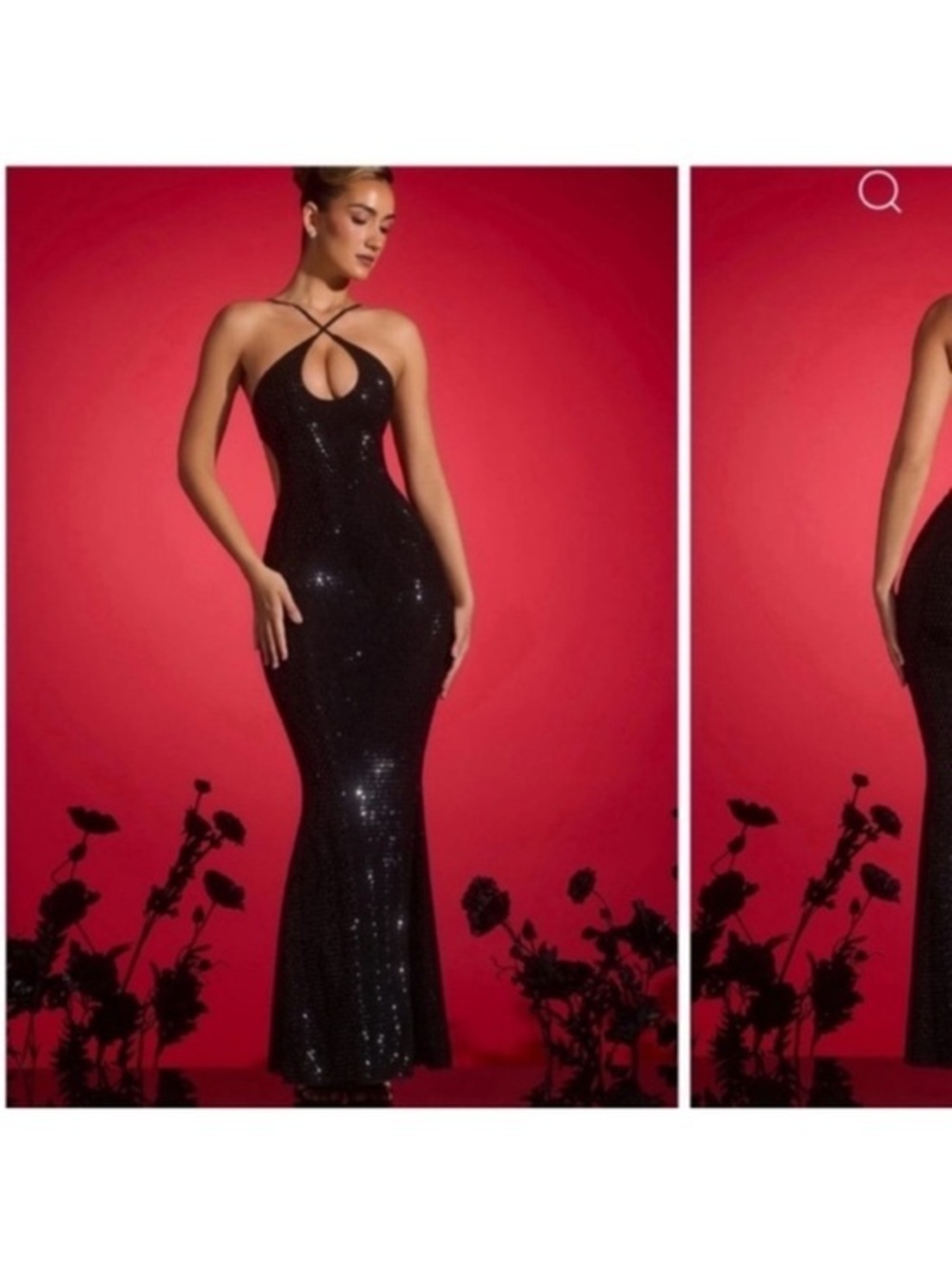 Oh Polly Black Sequin Halter Keyhole Prom Gown